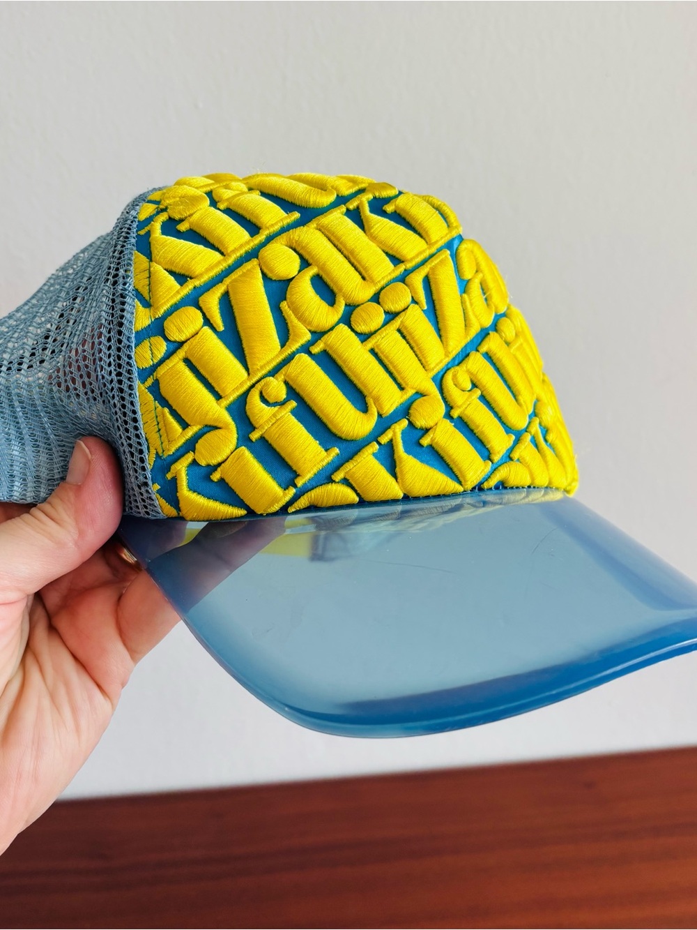 Fujizaki Y2K Trucker Hat • Blue Mesh • Chunky Yellow Embroidery